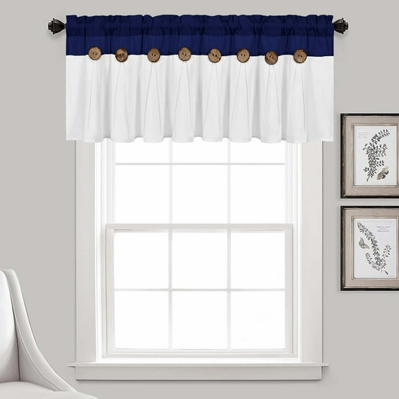 Alishomtll Linen Valance Farmhouse Boho Button Kitchen Curtains ,Rod Pocket,18"L x 52"W, Blue White