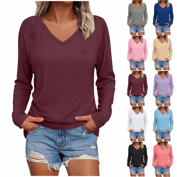 Horkkom Long Sleeve Shirts for Women Solid Color V Neck T Shirts Casual Loose Basic Tees L