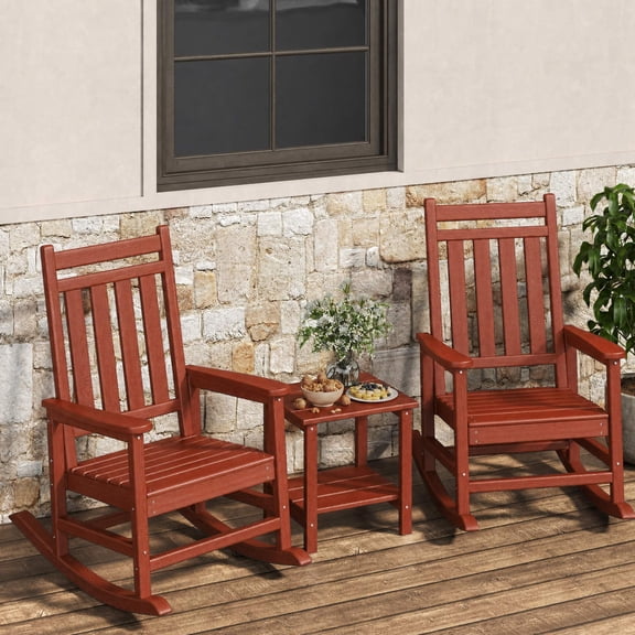 HDPE Rocking Chair Outdoor Set of 2 with Side Table - Poly High Back Porch Rocker Chairs for Adults - All Weather Resistant Furniture for Patio Front Porch - Red