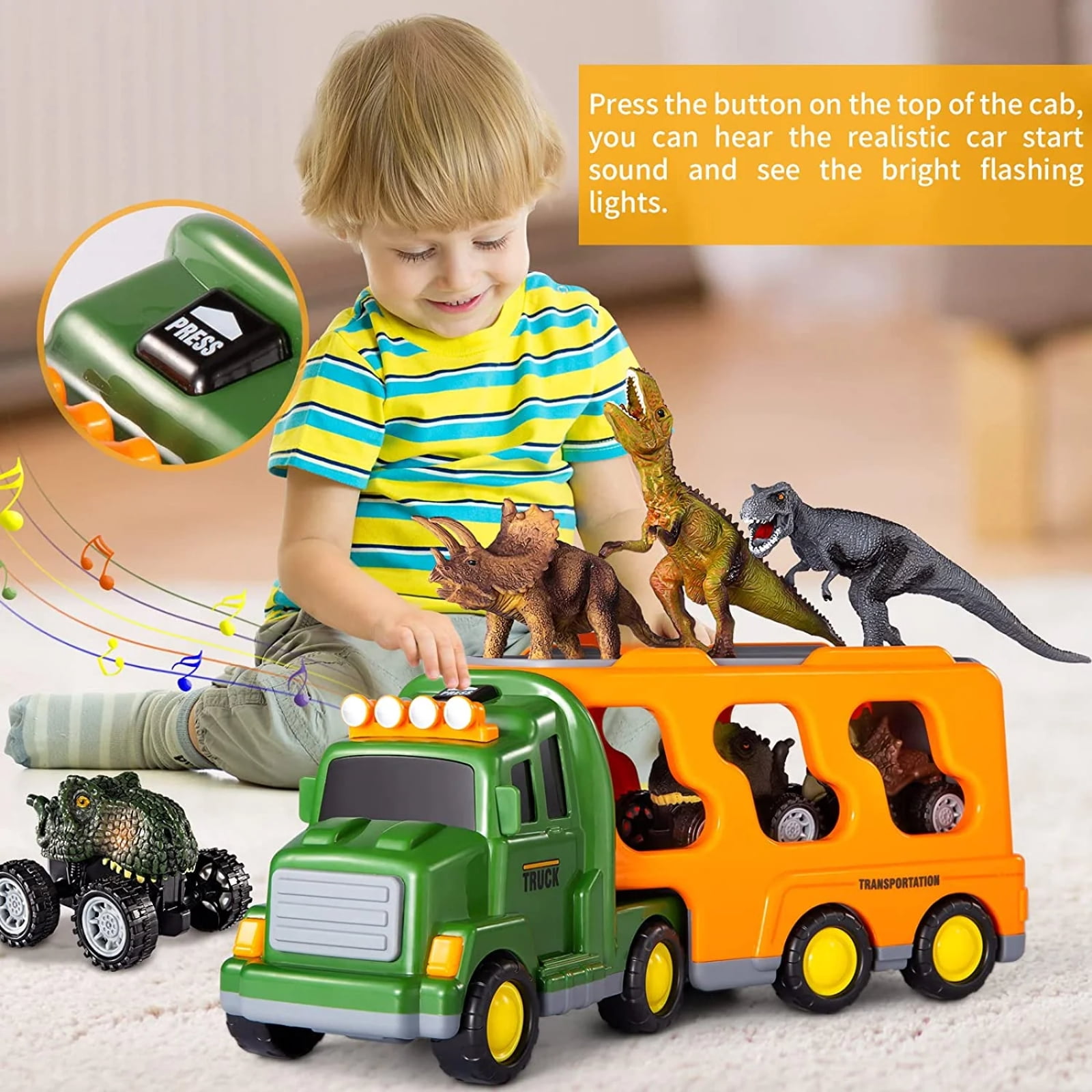 Dinosaur Truck Toy for Toddlers, Transport Carrier Dino Play Set with 3 Dinosaur Figures and 3 Cars, Lights and Music, Gift for Boys Girls Ages 3-5