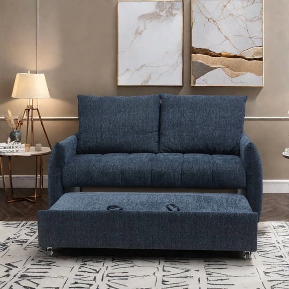 57.48" Big Size Sofa Bed Navy Line Fabric Futon Couch with Adjustable Backrest, Modern Loveseat Sofa Sleeper for Living Room