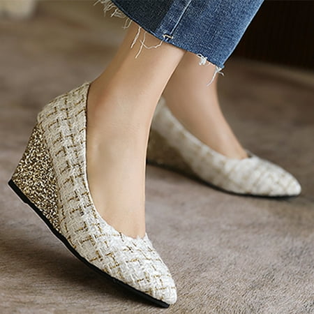

Summer Savings Clearance! Zpanxa Womens Casual Shoes Women Shoes Houndstooth Sequined Pointed Toe High Heel Thick Wedges Slip-on Fashion Casual White 42