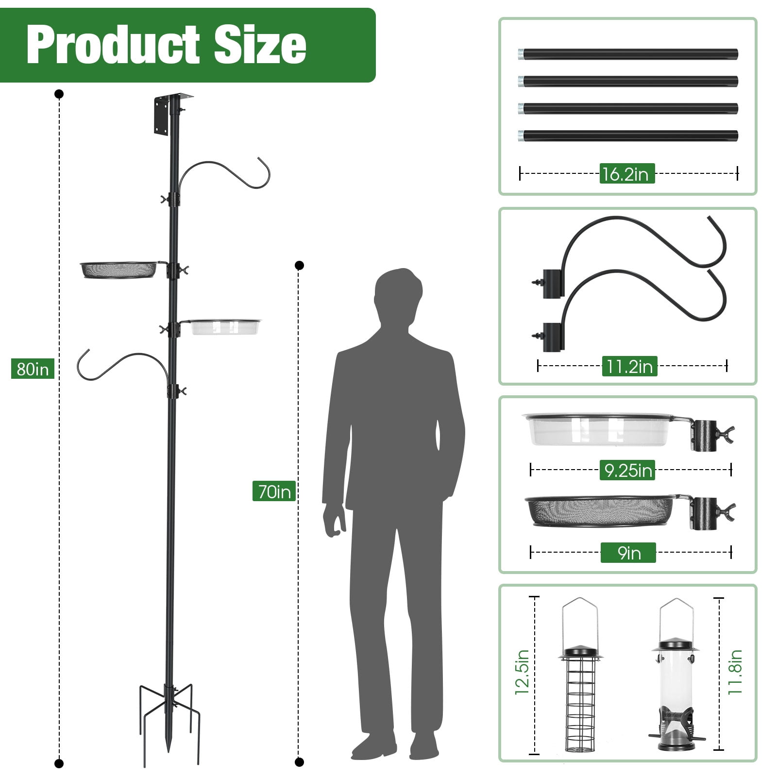 Urban Deco Bird House Pole Mount Kit 80 Inch with 2 Hanging Hooks - Heavy Duty Adjustable Bluebird Feeder Support Rod Stand Set for Outside, Yard, Garden