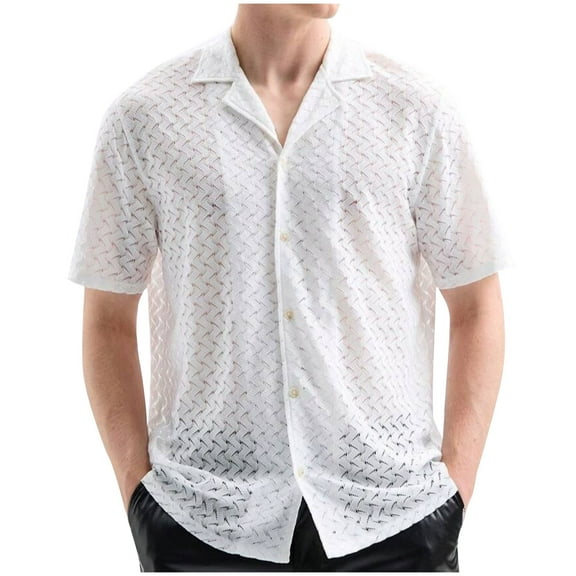 TFEOQRY Men Lace Translucent Short Sleeve Shirt Casual Solid Color Button Vacation Beach Tops White