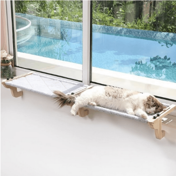 2PC Easy Seat Cat Perch for Window Sill - Hammock Design w/Pine Wood & Robust Metal Frame - Cat Window Seat for Large Cats and Kittens (  Color Wood w/Gray Bed, Medium (23''W x 14''D))
