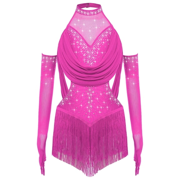 TSSOE Sparkly Rhinestones Mesh Latin Dance Bodysuit for Girls Cutout Fringed Samba Salsa Jazz Leotard with Gloves Hot Pink 8