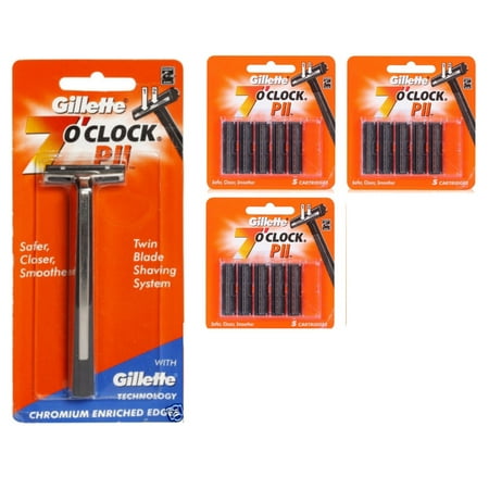 Stripe Twin Pack Gillette 7 O'Clock PII Trac II Razor + 7 O'Clock PII 5 ct. Razor Blades (No Lube Strip) (Pack of 3) + Schick Slim Twin ST for Sensitive Skin ()