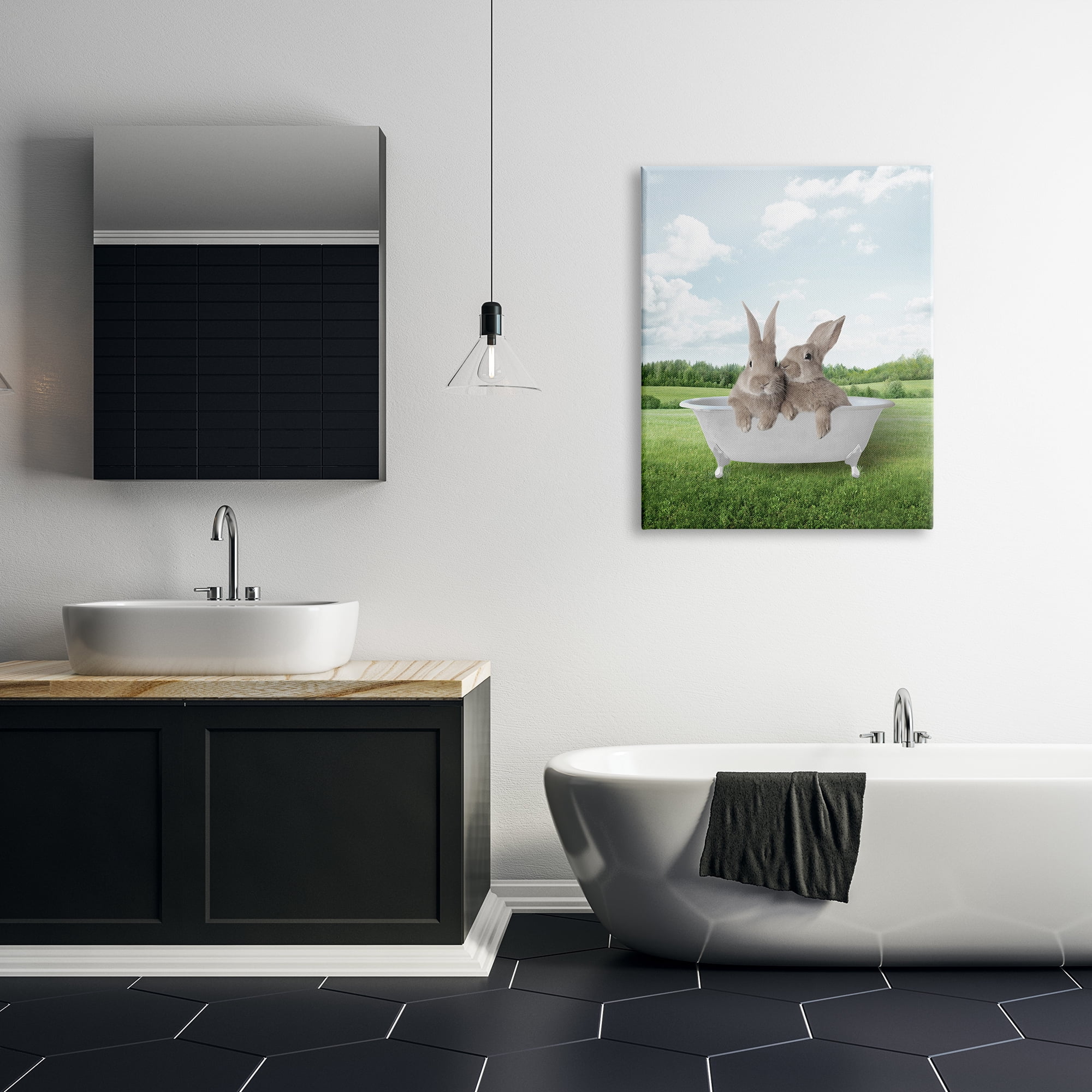 Stupell Industries Bunnies in Tub Landscape Nature Painting Gallery Wrapped Canvas Print Wall Art, 30 x 40