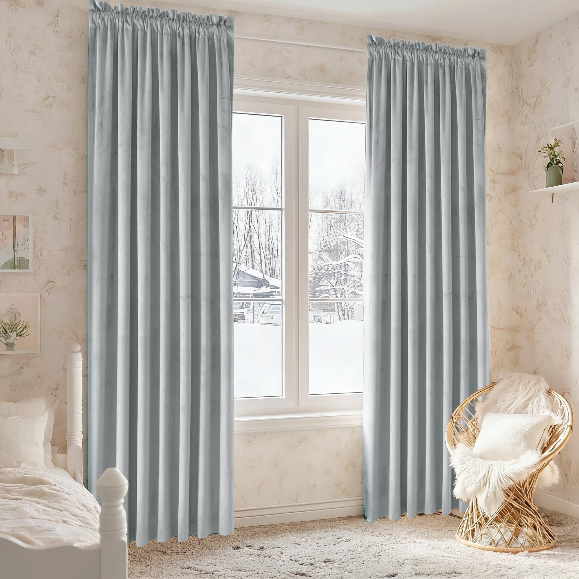 JIUZHEN Velvet Blackout Curtains for Bedroom - 63 inches Thermal Insulated Room Darkening Rod Pocket Drapes for Office/Party, Set of 2 Panels with Tiebacks, 52W x 63L, Silver Grey