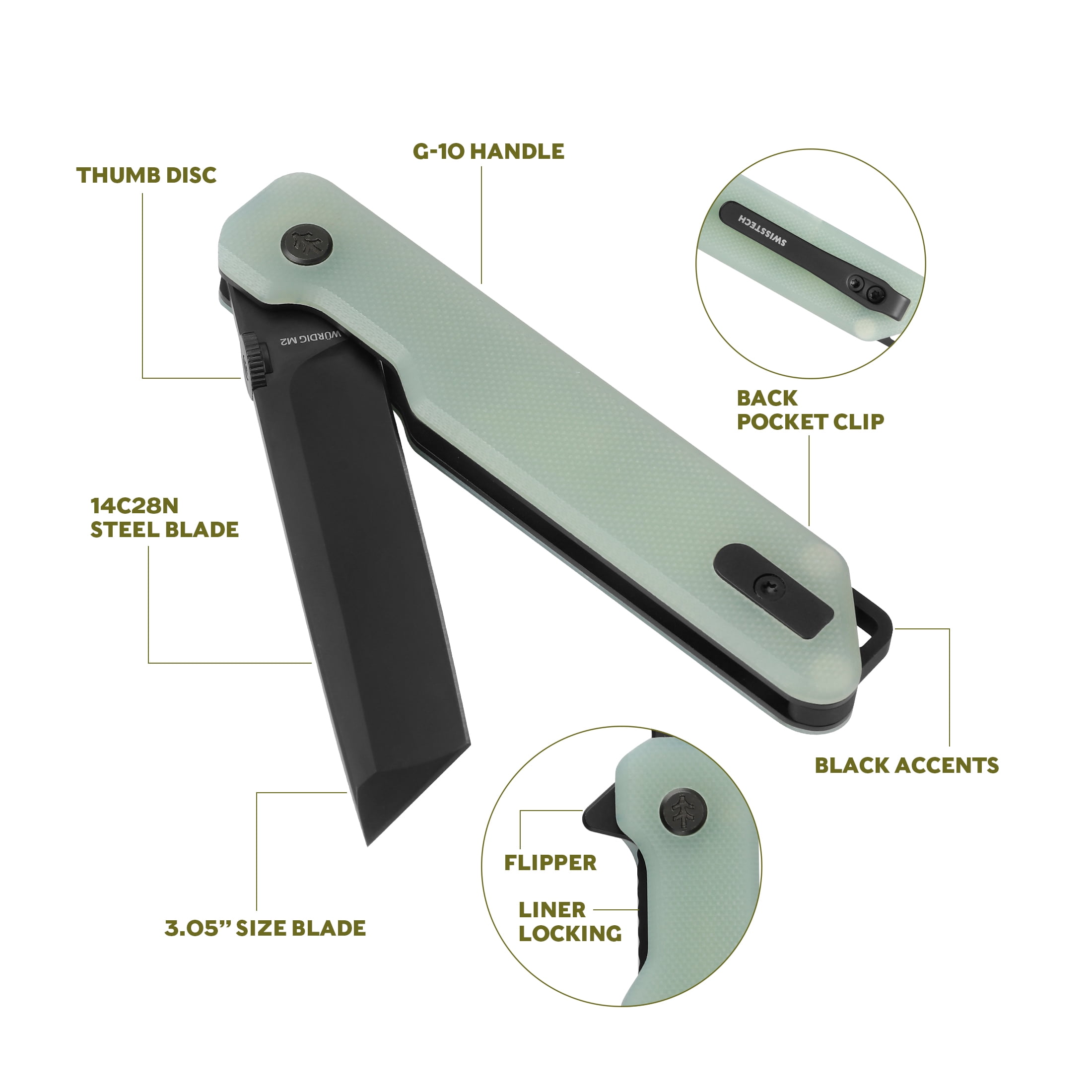 Swiss Tech Wurdig M2 Tanto Pocket Knife with 14C28N Steel Blade, G10 Handle, Jade