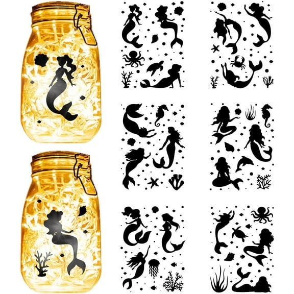 1 Set 6 Sheets 6 Styles Mermaid Mason Jar Decals Ocean Stickers Die Cuts Silhouettes Self-Adhesive PVC Waterproof for Craft Scrapbook Lantern Jars Wall Window Glass Phones Cup Black 7.8x5.9Inch