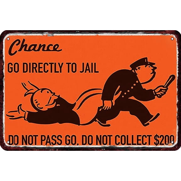 Vintage Go To Jail Chance Card Metal Tin Sign, Retro Funny Wall Decor for Home Bar or Man Cave, 8 x 12 Inch