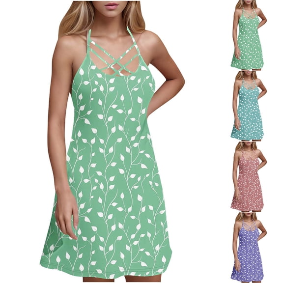Women's Summer Dresses Women Summer Dresses Beach Lace Panel Print Sleeveless Casual Loose Tank Dress Green XXL