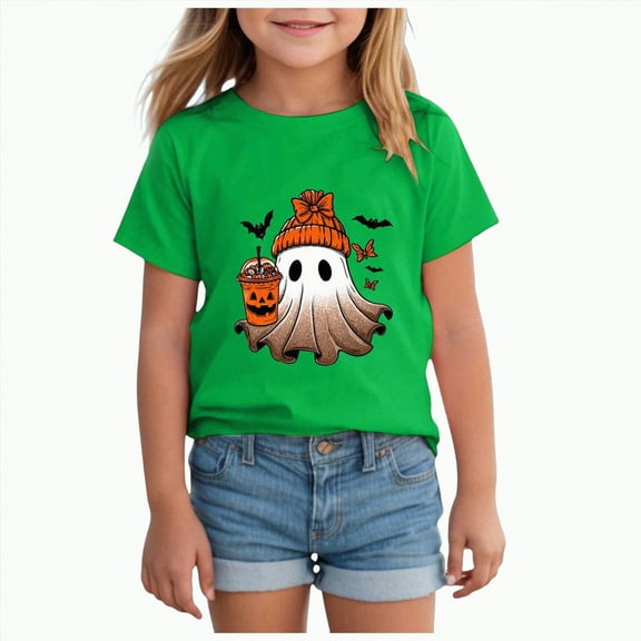 CAUYDY Toddler Baby Girl Halloween Shirt Cute Ghost Pumpki T-Shirt Kids Spooky Season Short Sleeve Tee Fall Tops(Green,5-6 Y)