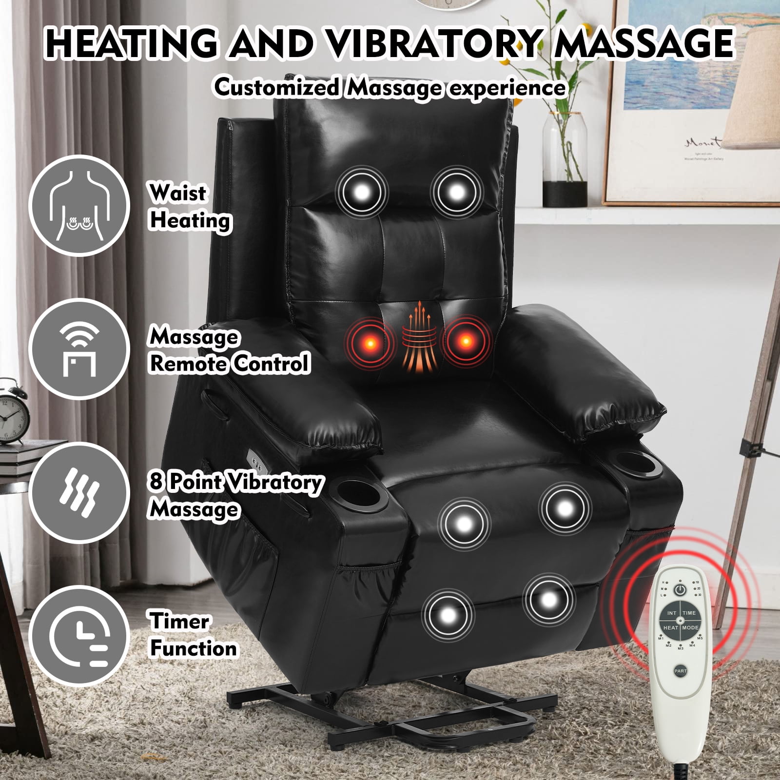 Betisef Power Lift Recliner Chair for Elderly, Adjustable Recline Chair W/Massage & Heat Functions Black