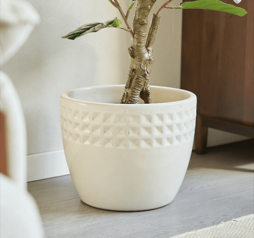 mdj pottery 3pcs Handmade Ceramic Planter Set, 15/12/9 Inch, Antique White Diamond Pattern, Ceramic Flower Pots for Orchids Succulents, Indoor Outdoor Windowsill Bookshelf Decor