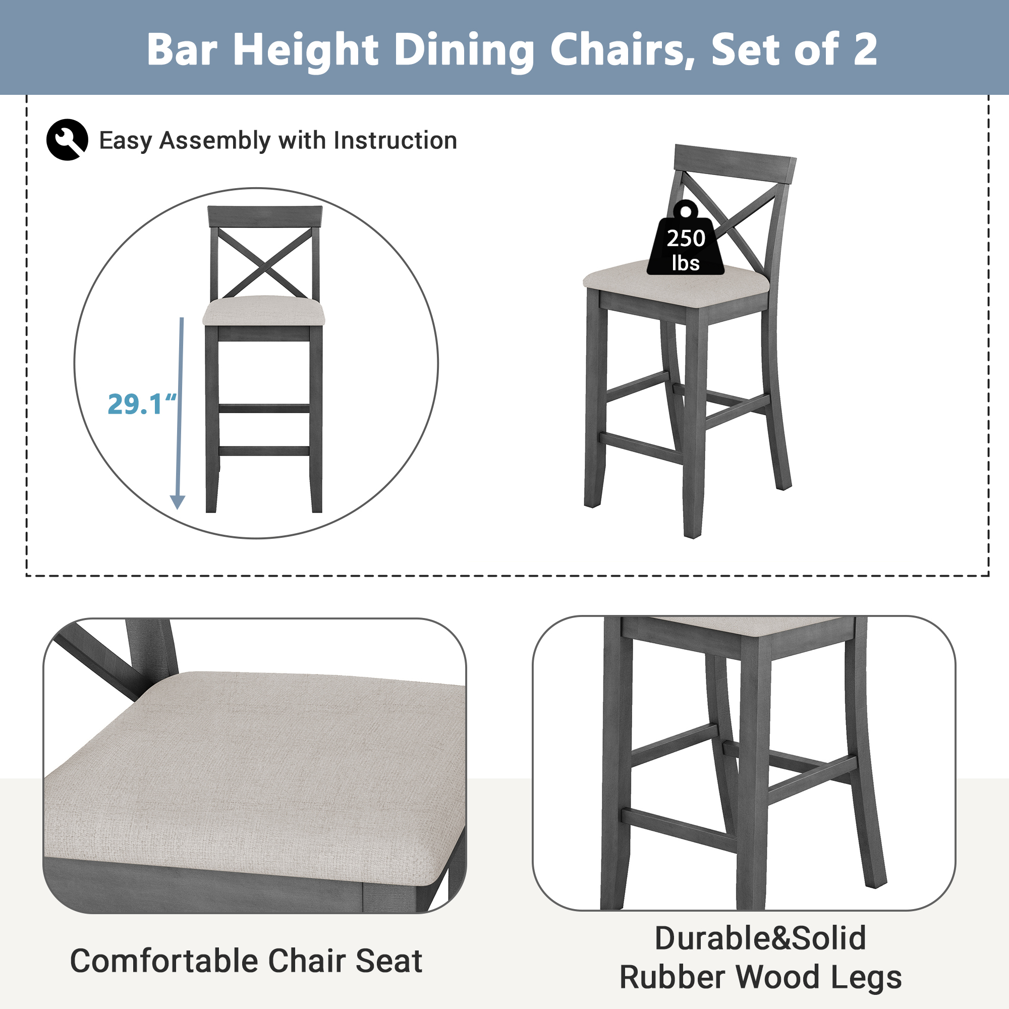 Euroco Farmhouse 3 Piece Dining Set,48" Rectangular Wood Bar Set Kitchen Breakfast Nook with 2 Chairs for Small Places,Gray