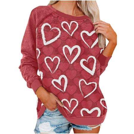 

Womens Long Sleeves Blouse Valentine s Day Fashion Retro Love Printing Patchwork Sleeve Pullover Casual Loose Round Neck Ladies Tunics Sweatshirt Top