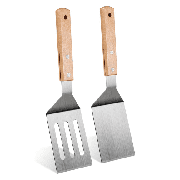 Stainless Steel Spatula Set, 2 Pcs Metal Spatulas for Kitchen Use, Professional Metal Spatula for Cast Iron Skillet with Wooden Handle, Ideal Choice for Making Desserts, Pancakes, Eggs, and BBQ