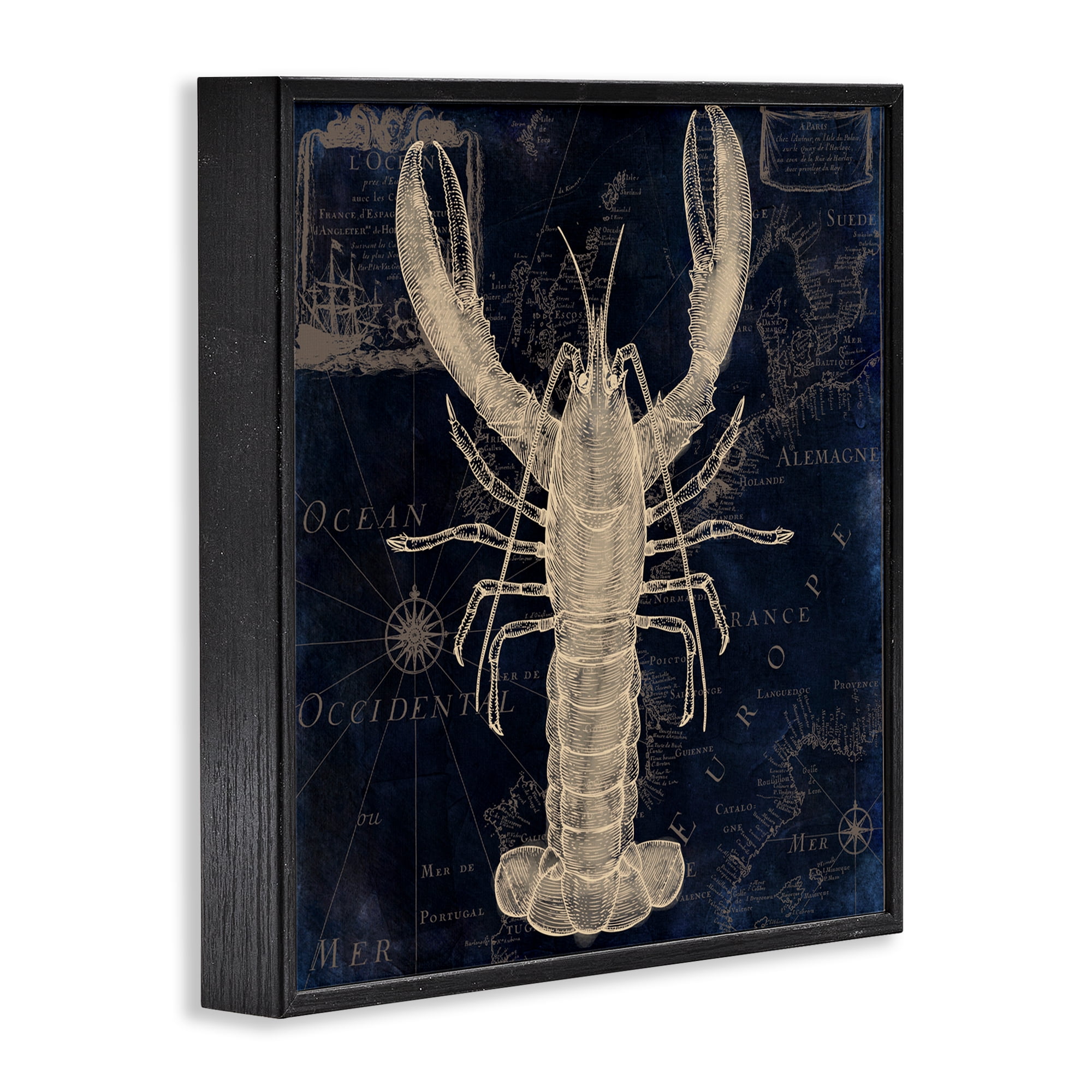 Lobster Contour over Map Black Framed Giclee Art, design by Sasha