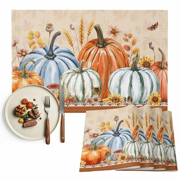 Orange Blue Pumpkins Placemats Set of 6 Thanksgiving Fallen Leaf Vintage Brown Heat Insulated Linen Place Mats, Washable Stain-Proof Table Mats for Dining Tables Holiday Decor 13x19inch
