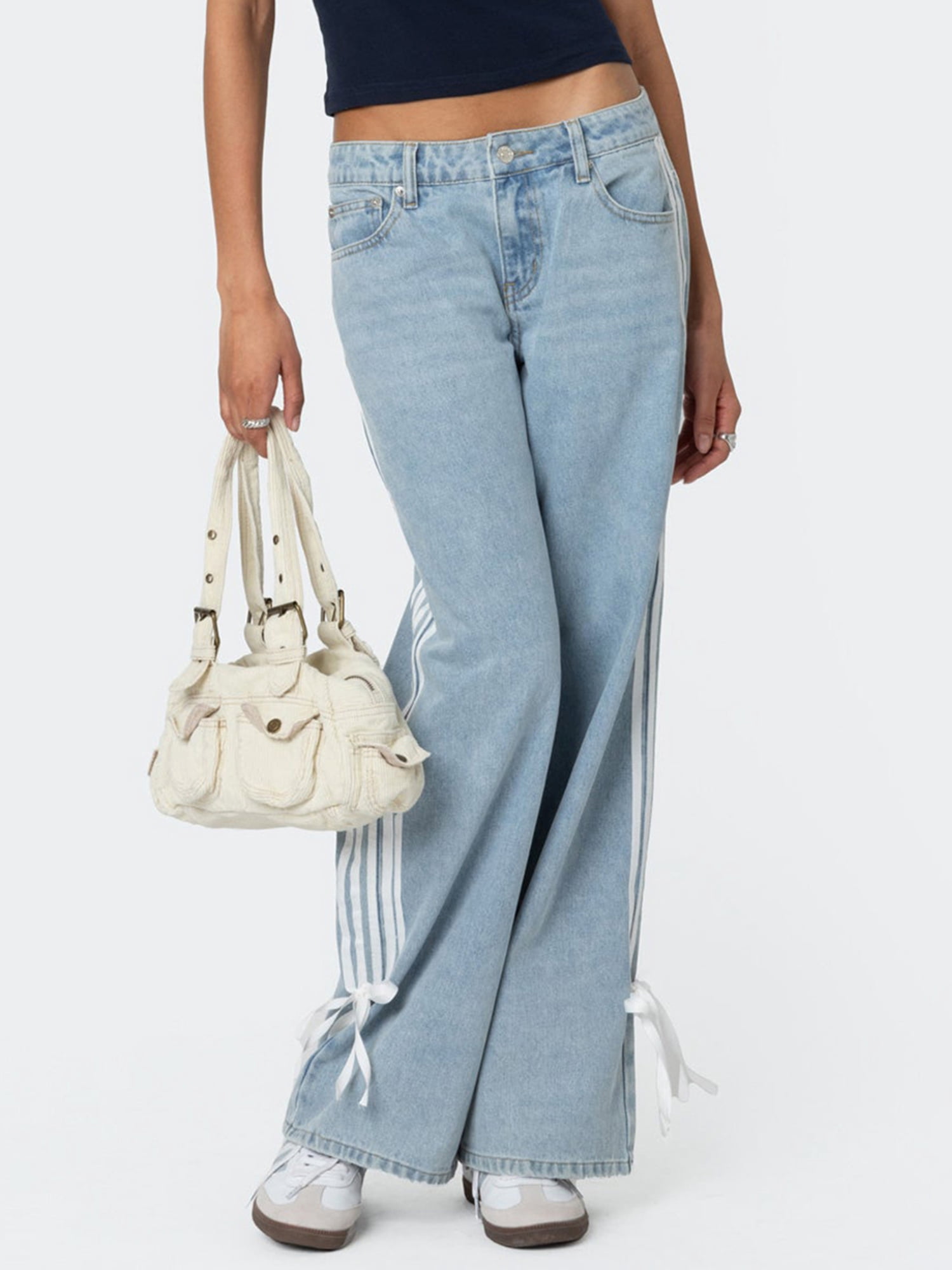 Biezeib Women Low Rise Jeans Side Stripe Tie Bow Straight Leg