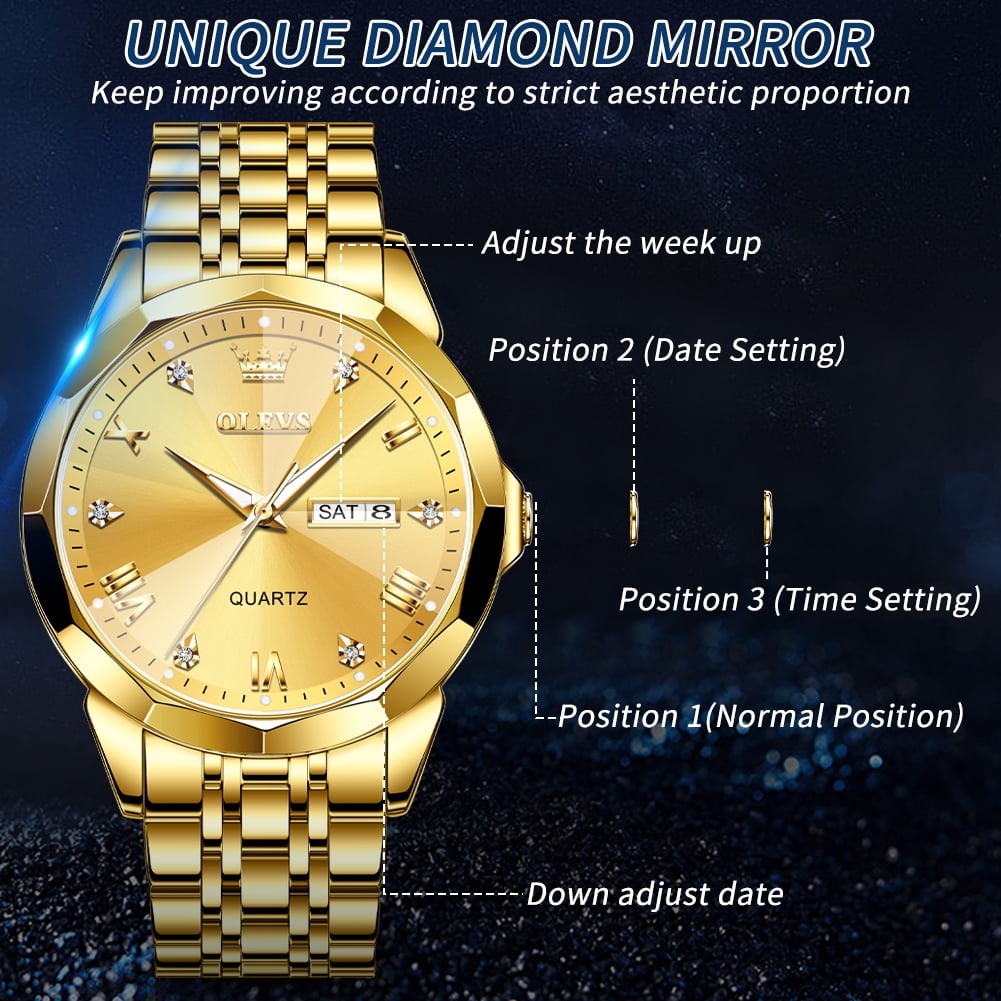 OLEVS Watch for Men Diamond Business Dress Analog Quartz Stainless Steel Waterproof Luminous Date Luxury Casual Wrist Watch Gold Dial