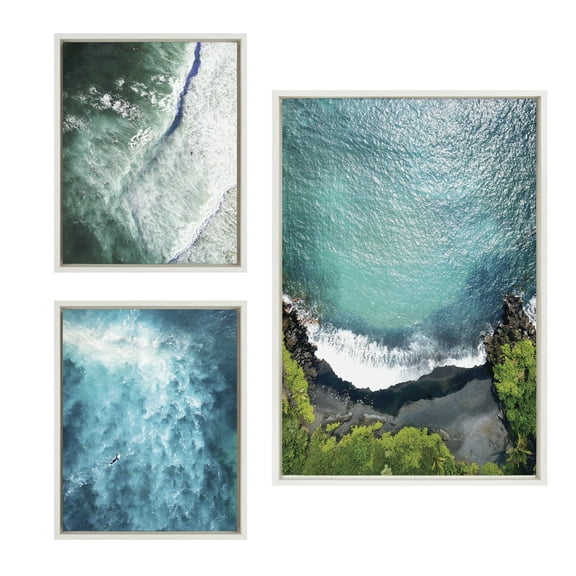 Kate and Laurel Sylvie Maui Black Sands Beach, Paddle Out and La Jolla Beach Framed Canvas Wall Art Set by Rachel Bolgov, Set of 3, White Frames, Nature Coastal Beach Home Decor