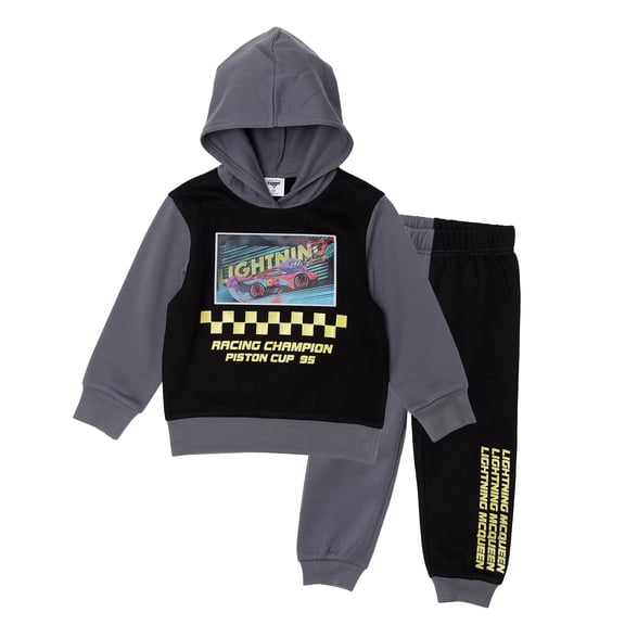 Disney Cars Lightning McQueen Toddler Boys’ Outfit Set - Two Piece Hoodie Sweatshirt with Holographic Patch & Gloss Ink Jogger Pants (Grey, 3T)