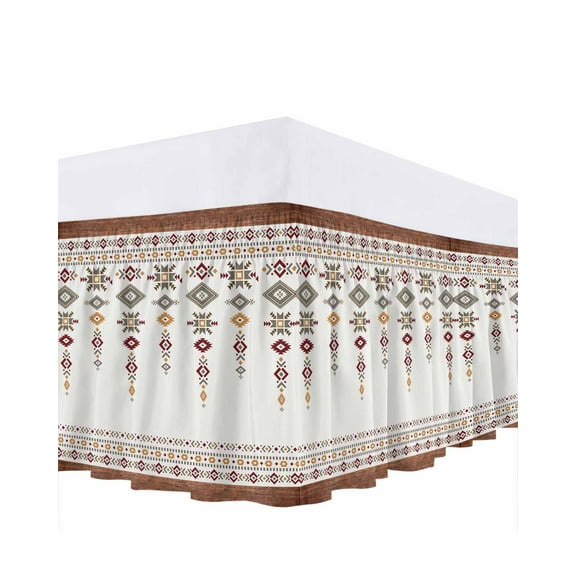 Vintage Southwest Bed Skirt Queen Size 16" Drop Wood Grain Boho Geometric Tribal Style Ruffled Wrap Around Bed Skirts Adjustable Elastic Bedskirt Dust Ruffle for Queen Size Bed