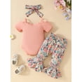 thumbnail image 3 of Suealasg 3Pcs Baby Girls Clothes 6 to 9 Month Newborn Girl Summer Casual Outfits Cold Shoulder Short Sleeves Romper and Elastic Floral Flare Pants Headband, 3 of 7