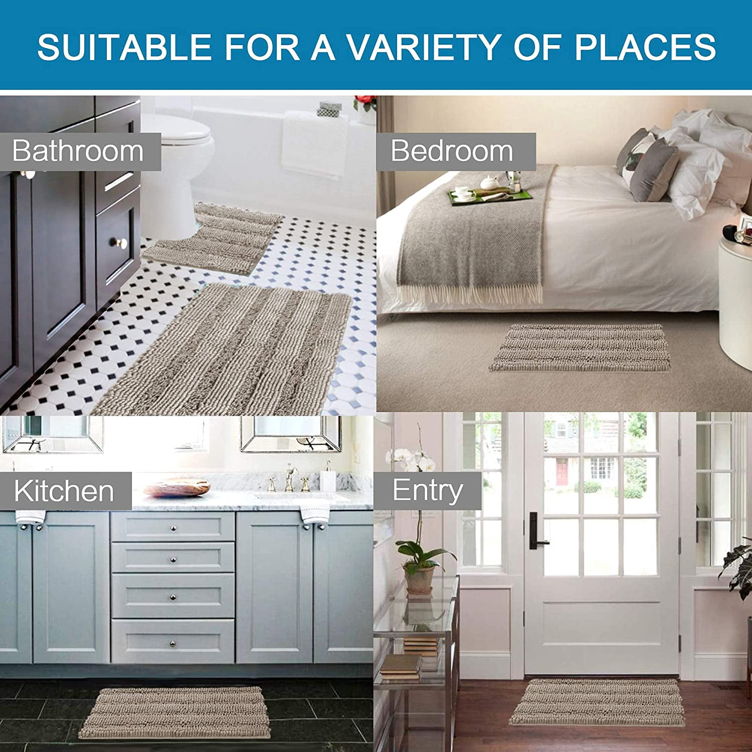 Bathroom Rugs Bath Rug Set 2 Piece Bathroom Contour Rug Toilet Mat Sets Non Slip Contour Bath Rug Ultra Thick Water Absorbent Striped Bath Mats Washable(36" x 24" Plus 20" x 24" U, Taupe)
