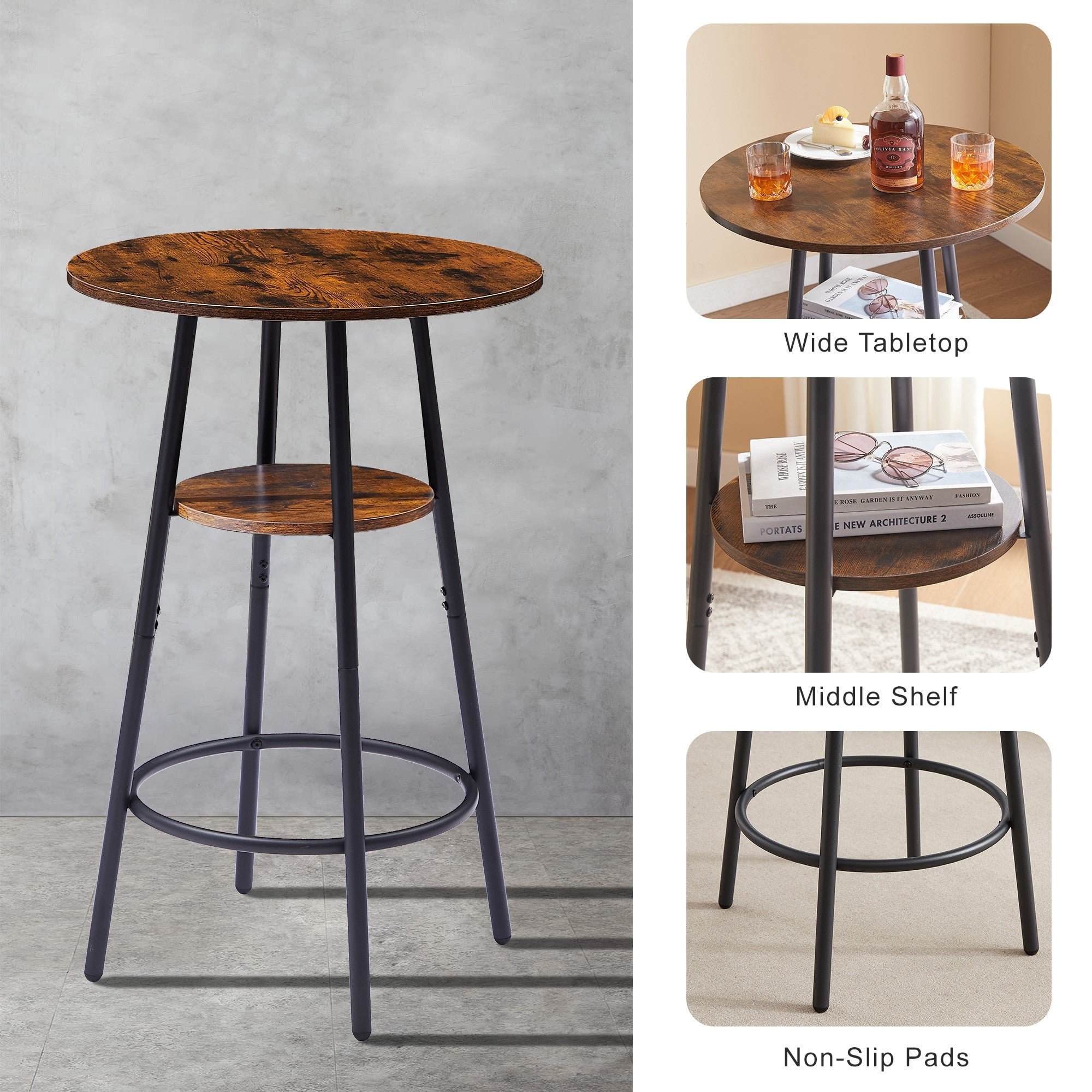 Sailvan Round Bar Stool Set with Storage Shelf, Upholstered Bar Stool with Backrest