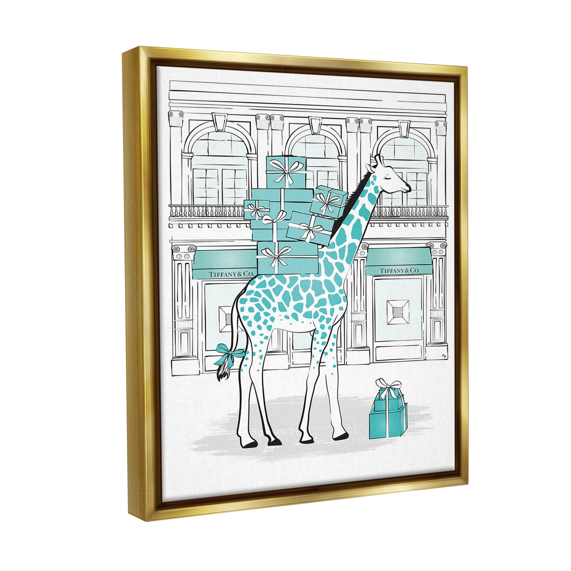 Stupell Industries Giraffe at Glam Storefront Animals & Insects Painting Gold Floater Framed Canvas Art Print Wall Art, 17 x 21