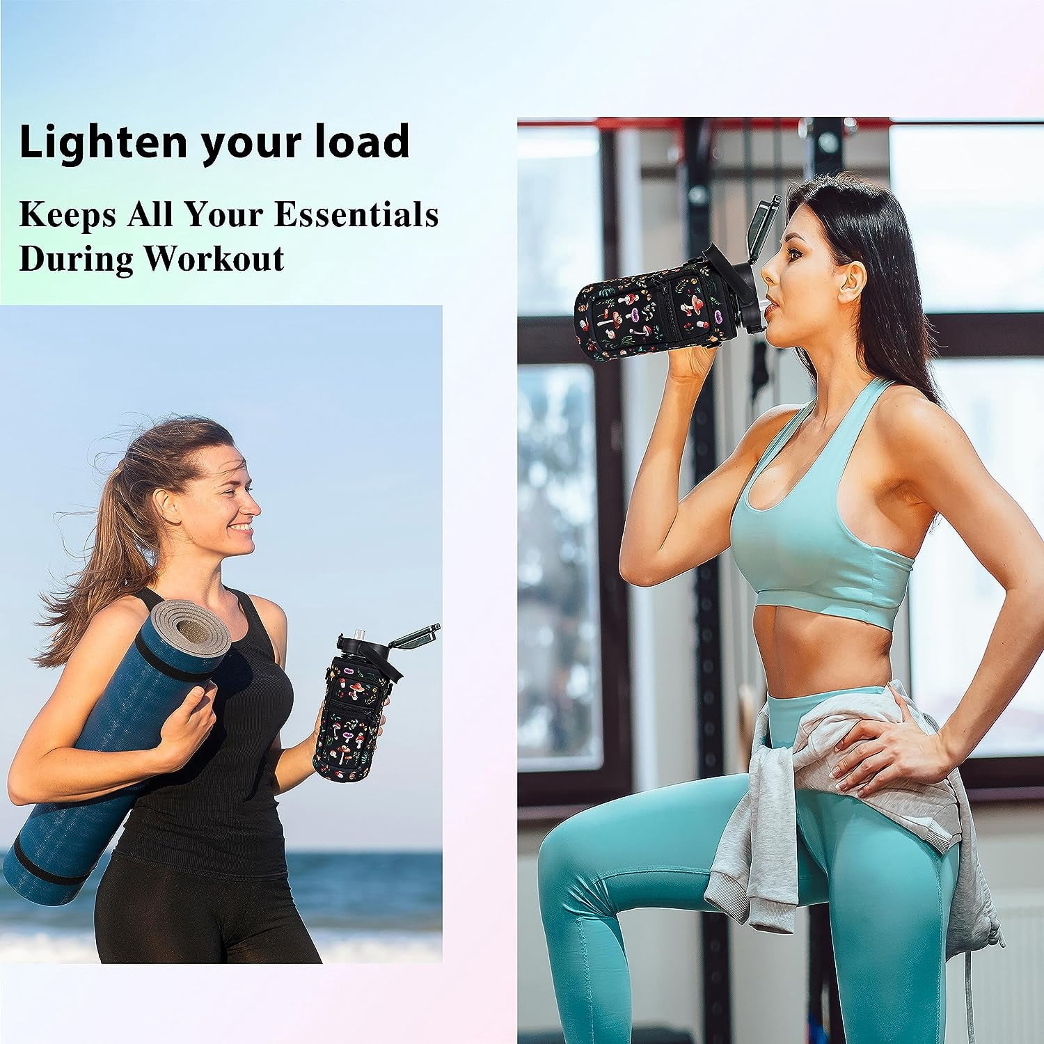 64 oz Water Bottle with Straw & Sleeve motivational BPA-free Half Gallon Water Bottle Holder with Strap Aesthetic Water Jugs for Drinking with Handle for Gym Women Men Mushroom