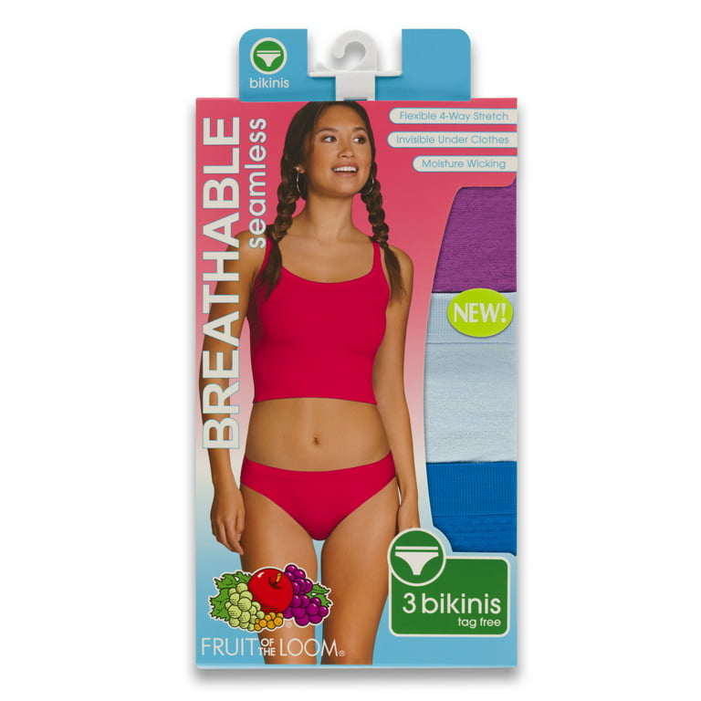 Fruit of the Loom Women's Breathable Seamless Bikini Underwear, 3 Pack,  Sizes 5-9 