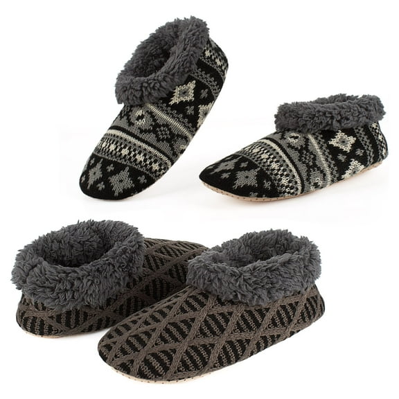 2-Pair Men's Slipper Socks Non-Slip Gripper Soles, Soft Fluffy Sherpa Winter House Shoes Indoor, Knit Bedroom Comfy Fuzzy Socks, Warm Cozy Gifts for Dad Grandpa Boyfriend, Size 12-13
