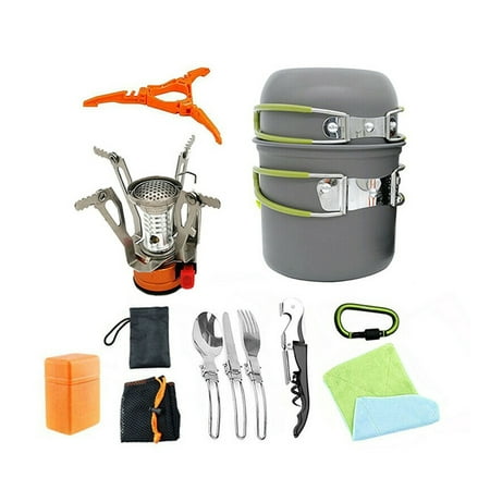 Portable Camping Tableware Cookware Kit Cooking Bowl Pot +Gas Burner Stove