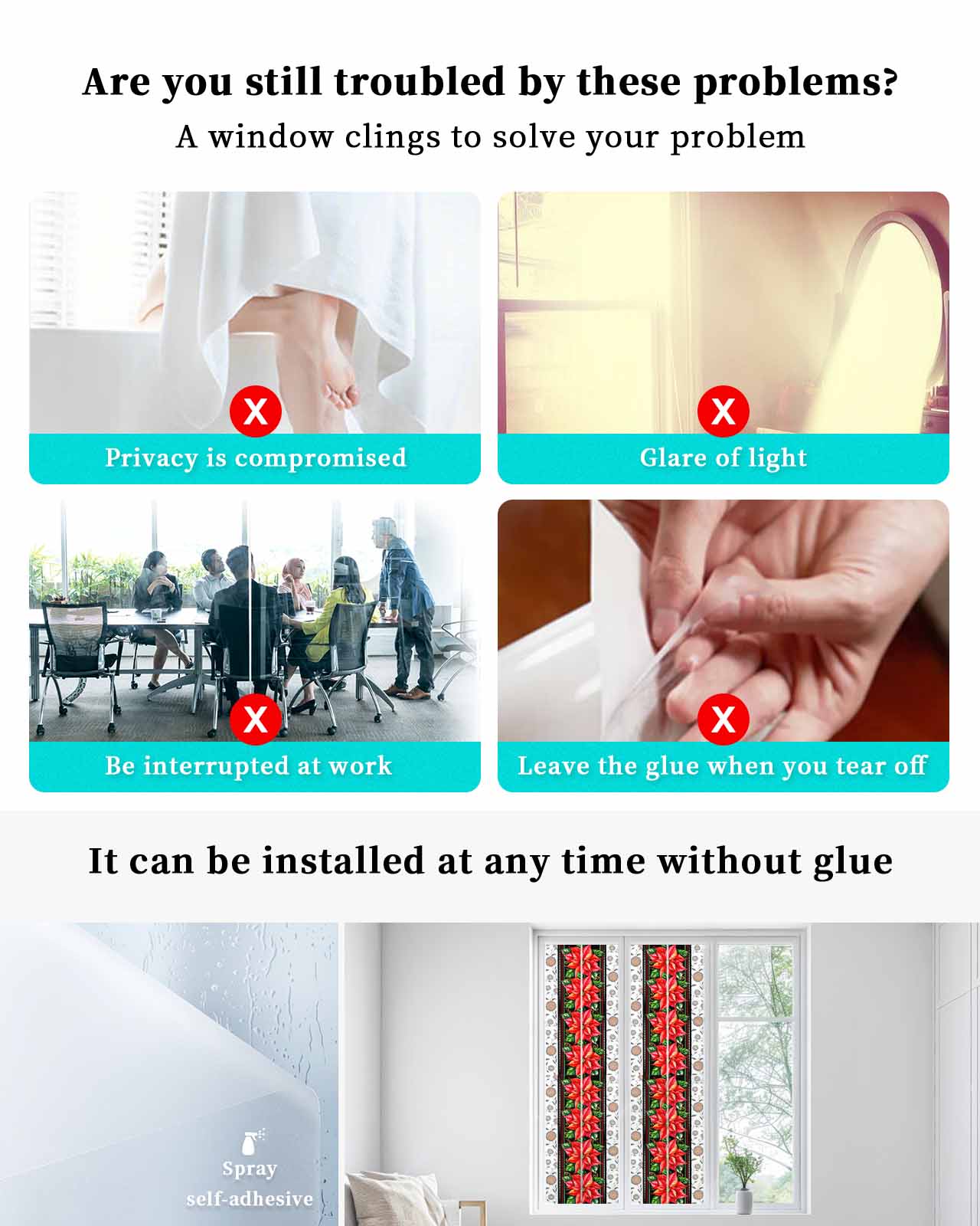 Red Christmas Window Privacy Film Stained Glass Window Film Decorative Windows Cover Static Windows Cling for Glass Door Xmas Botanical Poinsettia Stickers for Bathroom 29.5"x118"