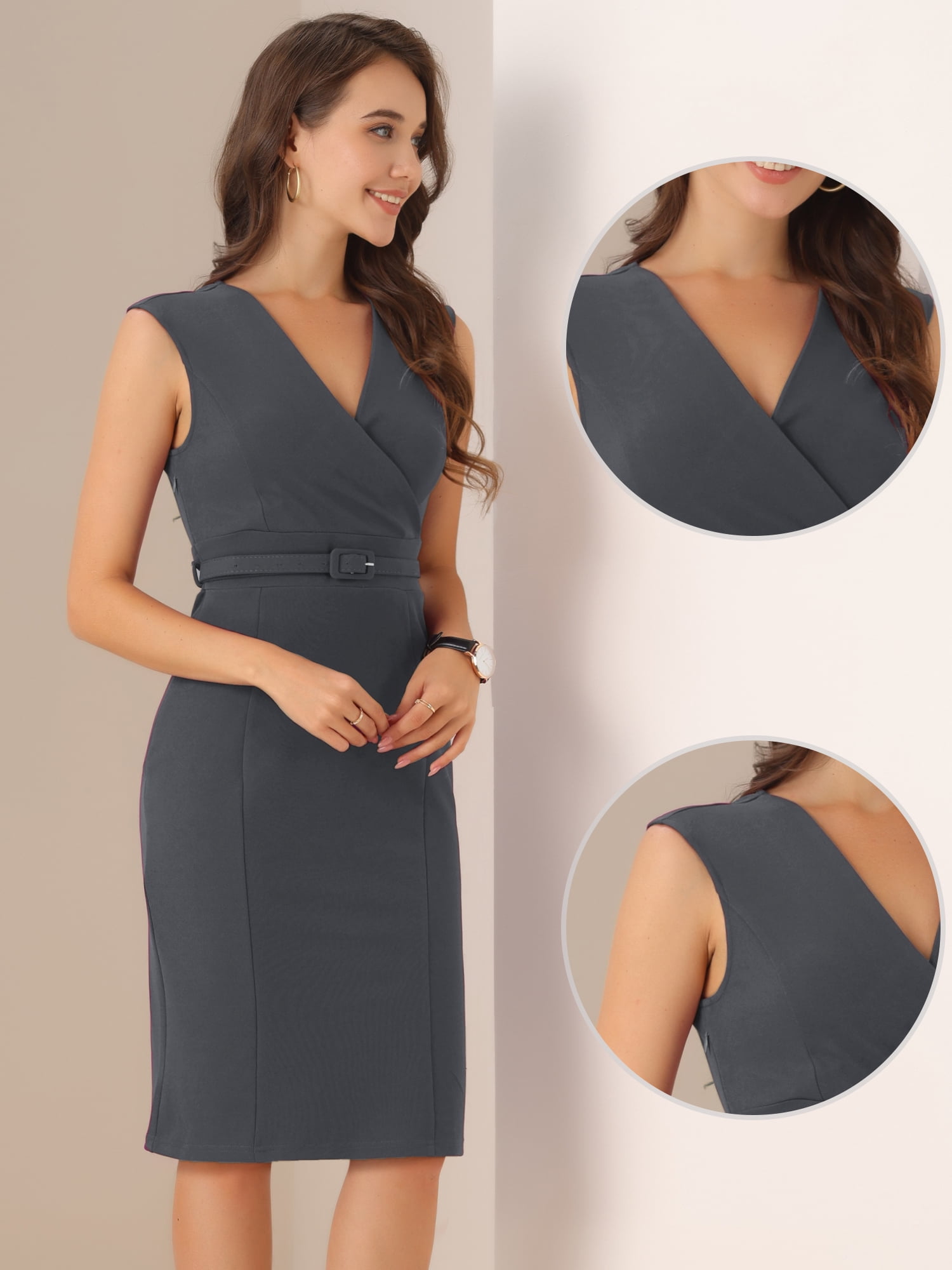 DARING DIVA Pencil Sleeveless Wrap V Neck Belted Office Dresses L Dark Gray