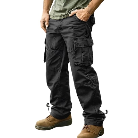 BaoFuBaoMei Cotton Cargo Pants for Men Big and Tall Elastic Waist Multi Pockets Straight Leg Pants Solid Zipper Fly Outdoor Trousers