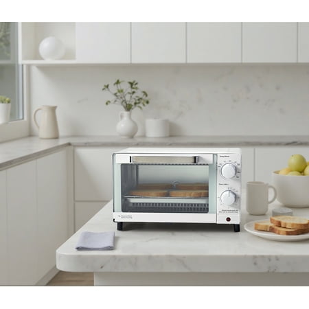 Mainstays 4 Slice Countertop Toaster Oven with 3 Settings, Includes Baking Rack and Pan, Arctic White, New