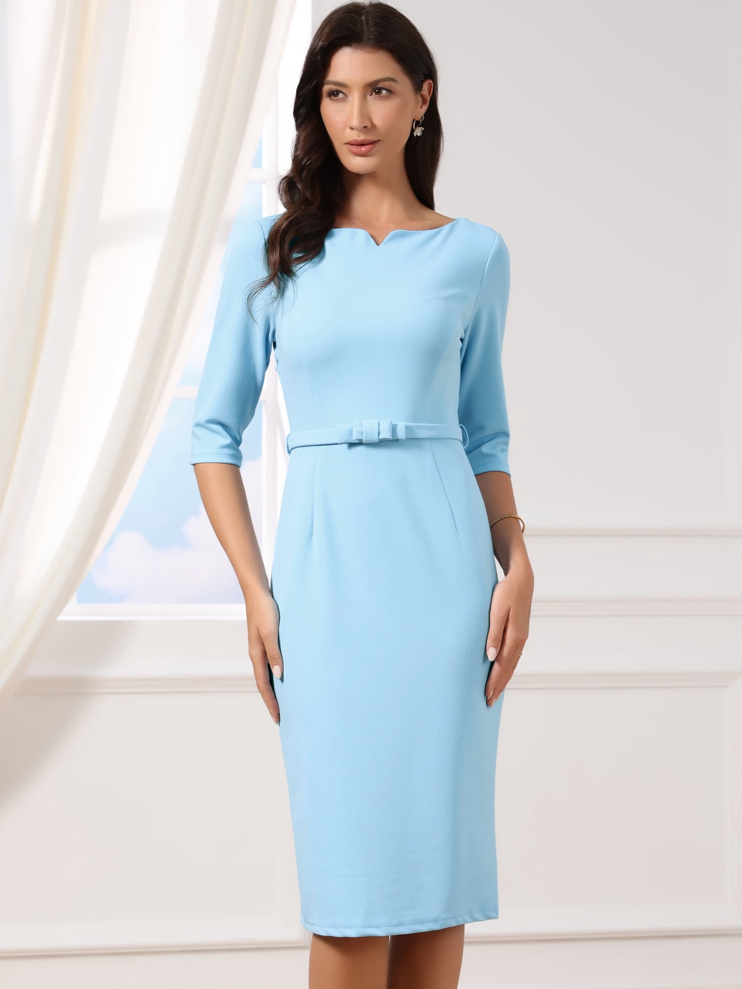 DARING DIVA Women's Elegant 3/4 Sleeve Boat Neck Work Sheath Dress with Belt M Blue