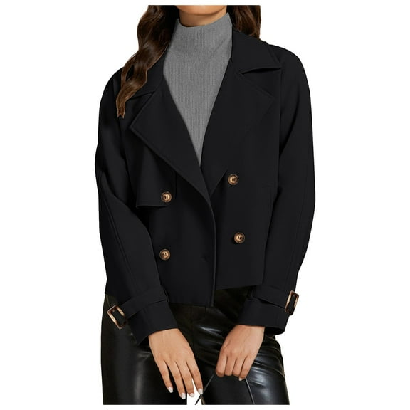Women's Cropped Trench Coat Casual Double Notched Lapel Long Sleeve Loose Fit Jacket With Pockets Stylish Outerwear Lightweight Comfort