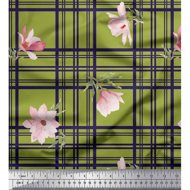 Soimoi Green Poly Georgette Fabric Check & Magnolia Floral Print Fabric by Yard 42 Inch Wide