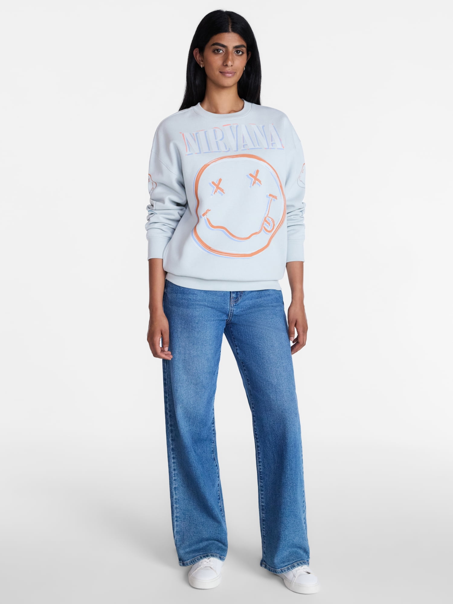 Nirvana Women's Smiley Crewneck Graphic Sweatshirt with Long Sleeves, Sizes XXS-XXL