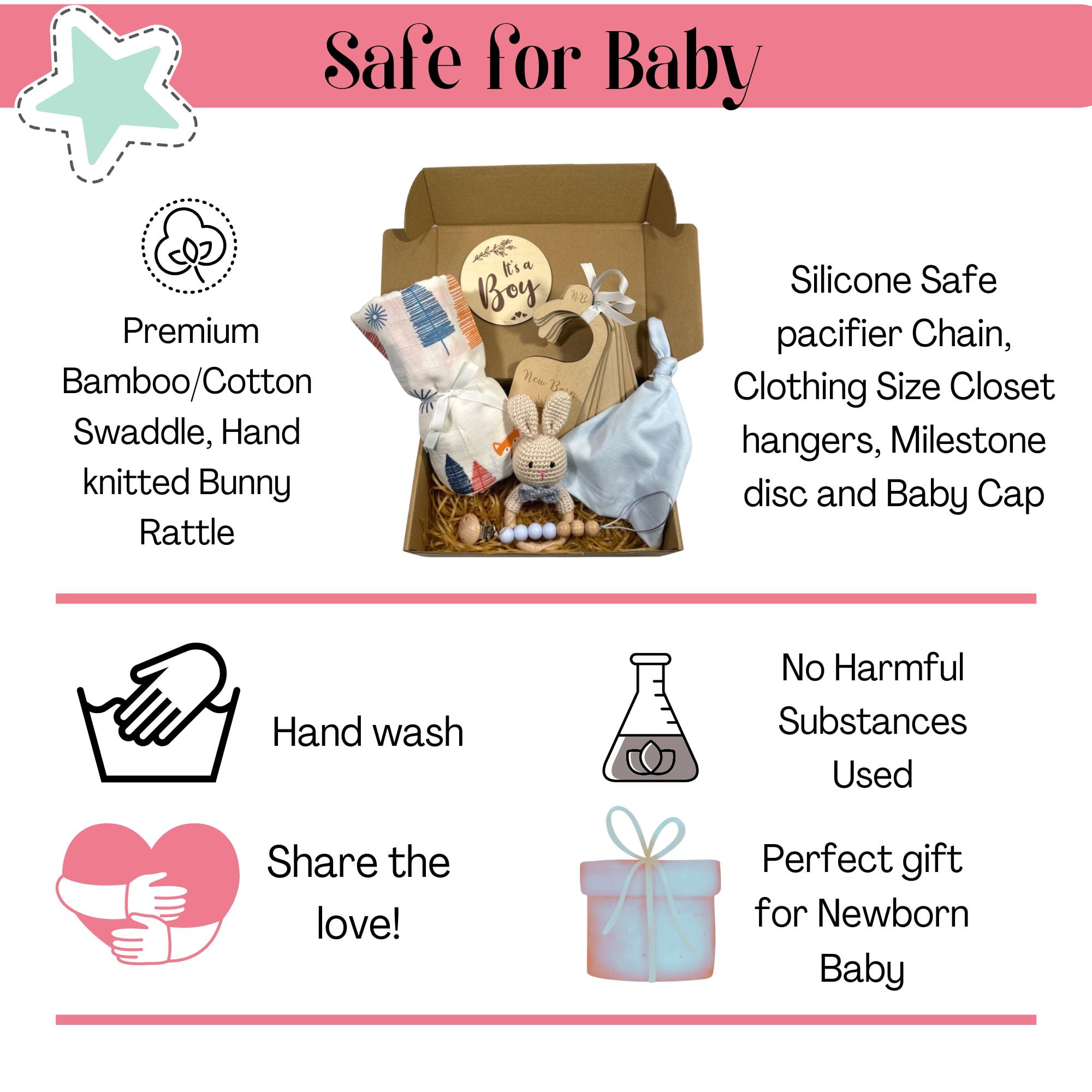 Newborn Baby Gift Set Basket for Baby Boy.  12 Premium Handcrafted Organic Keepsakes