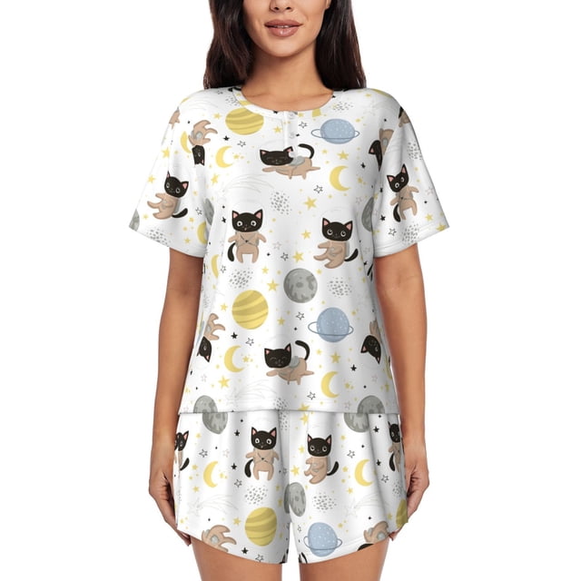 Xecao Cute Cat Pattern Women's Short Sleeve Pajama Set Soft Sleepwear Lounge Set with Button Front Top and Drawstring Shorts with Pockets-Small