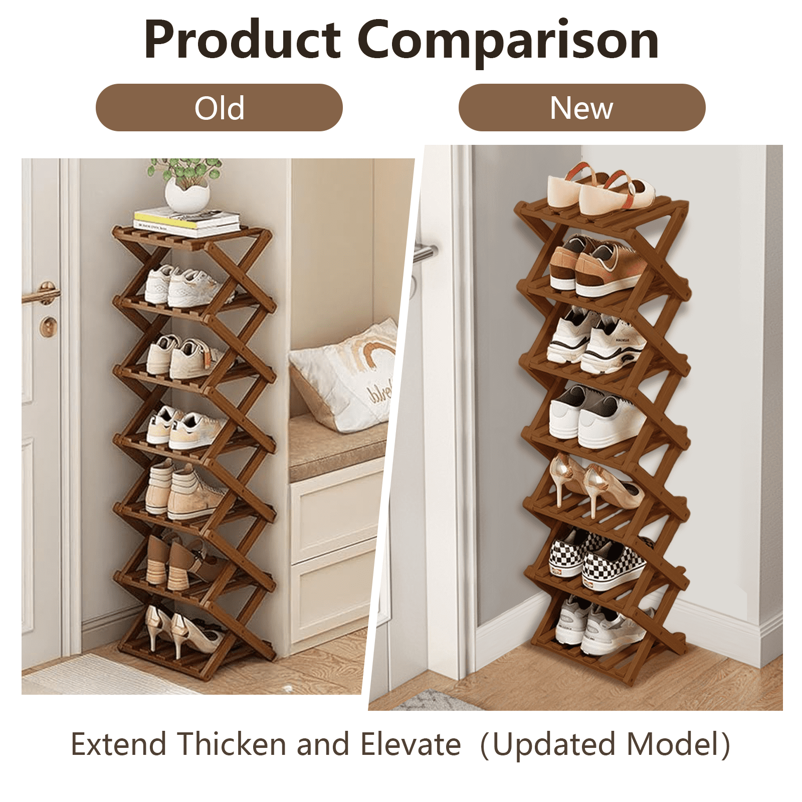 JUANYU Shoes Rack Organizer,Multi Tier Wooden Foldable Storage Rack for Home Shoe Storage with Durable Cross Structure,7-Tier,Tawny