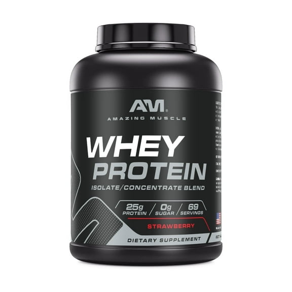 Amazing Muscle Whey Protein (Isolate & Concentrate) 5 Lbs Powder Supplement | Strawberry Flavor | 69 Serving | Non-GMO | Gluten-Free |